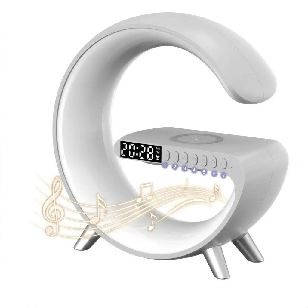 Modern alarm clock with digital display on a white background