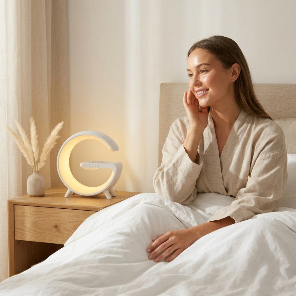 Woman in bed with a night light on a bedside table